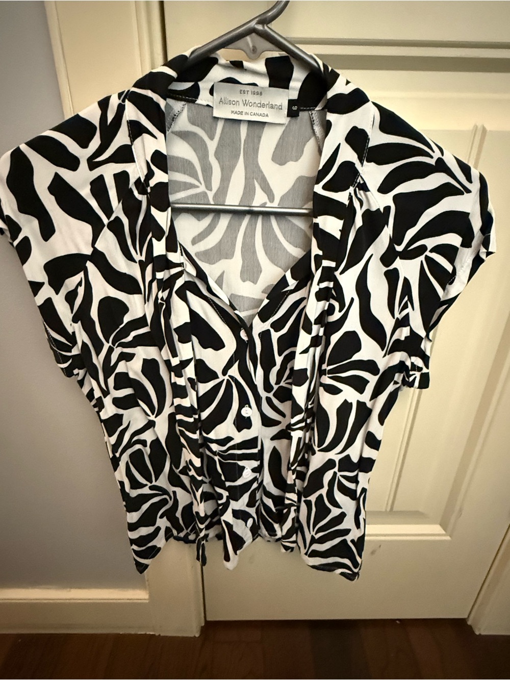 Allison Wonderland Zebra Print Short-Sleeve Blouse with Attached Tie